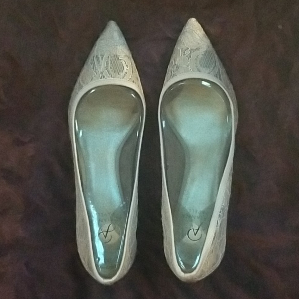 Adrianna Papell silver gray, lace shoes.